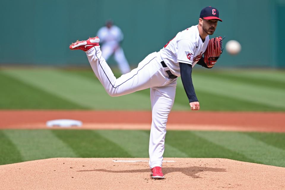 Cleveland Guardians starting pitcher Aaron Civale delivers in the first inning of a baseball game against the San Francisco Giants, Sunday, April 17, 2022, in Cleveland. (AP Photo/David Dermer)