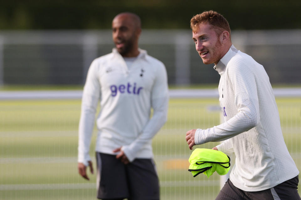 Tottenham Hotspur's Swedish midfielder Dejan Kulusevski (R) takes part in a team training session at Tottenham Hotspur Football Club Training Ground in north London on October 11, 2022 on the eve of their UEFA Champions League Group D football match against Eintracht Frankfurt. (Photo by Adrian DENNIS / AFP) (Photo by ADRIAN DENNIS/AFP via Getty Images)