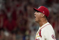 St. Louis Cardinals relief pitcher Giovanny Gallegos celebrates after striking out San Diego Padres' Eric Hosmer for the final out of a baseball game Saturday, Sept. 18, 2021, in St. Louis. (AP Photo/Jeff Roberson)