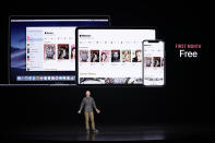 Roger Rosner, Apple vice president of applications, speaks at the Steve Jobs Theater during an event to announce new products Monday, March 25, 2019, in Cupertino, Calif. (AP Photo/Tony Avelar)