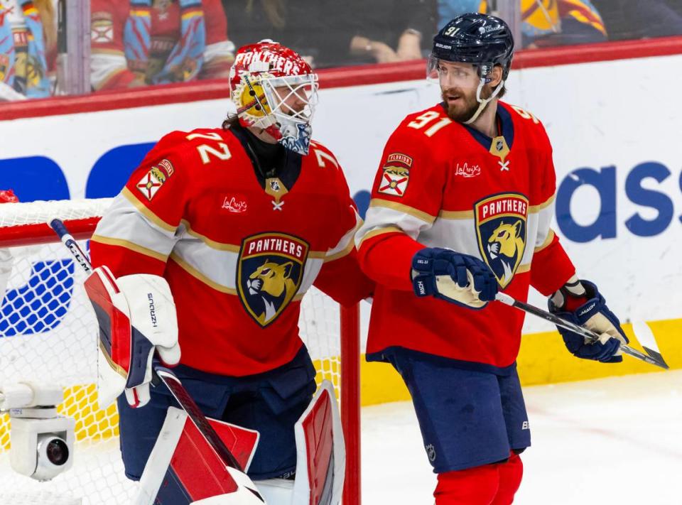 Florida Panthers defenseman Oliver Ekman-Larsson (91) talks with teammate Sergei Bobrovsky (72) after a play against the New York Rangers in the second period of Game 6 during the Eastern Conference finals of the NHL hockey Stanley Cup playoffs at the Amerant Bank Arena on Saturday, June 1, 2024, in Sunrise, Fla.