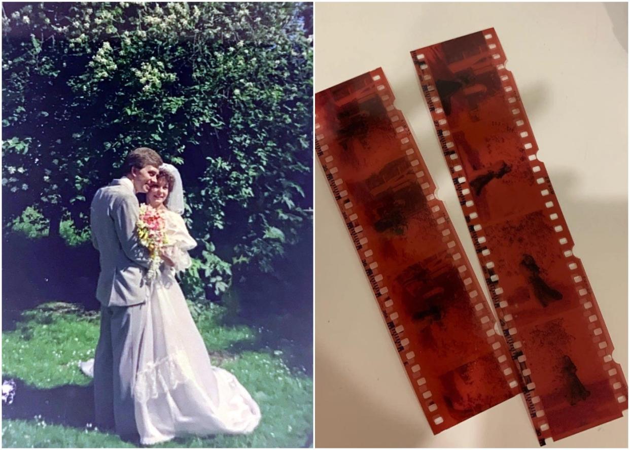 A photograph of a couple on their wedding and negative sheets discovered by Stephanie Yau.
