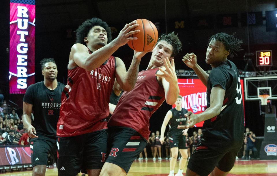 Rutgers Dylan Harper almost collide with team mate Zach Martini. Rutgers Intrasquad Scrimmage at Rutgers Athletic Center in Piscataway, NJ on September 28. 2024.