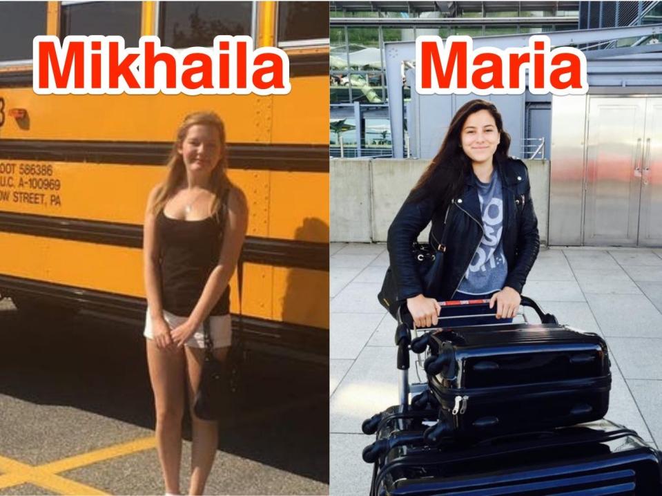 Mikhaila Friel in the US (left), and Maria Noyen before her first flight to university in the US (right).