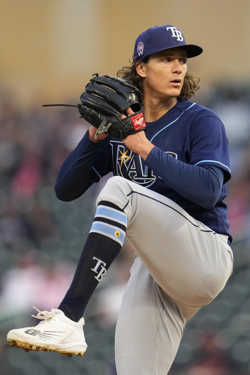 Tampa Bay Rays starting pitcher Tyler Glasnow winds up to deliver during the first inning of a baseball game against the Minnesota Twins, Monday, Sept. 11, 2023, in Minneapolis. (AP Photo/Abbie Parr)