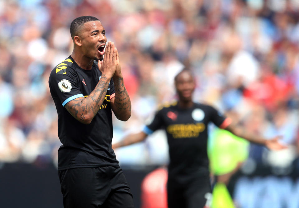 Manchester City's Fernando Gabriel Jesus reacts as VAR check disallows his third sides goal of the match during the Premier League match at London Stadium. (Photo by Adam Davy/PA Images via Getty Images)