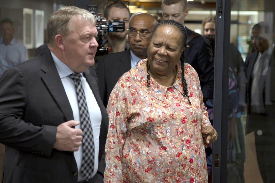Denmark's Foreign Minister Lars Locke Rasmussen, left, and his South African counterpart Naledi Pandor meet in Pretoria, South Africa, Tuesday March 5, 2024. The two met for political consultation on Rasmussen two-day visit to the country. (AP Photo/Denis Farrell)
