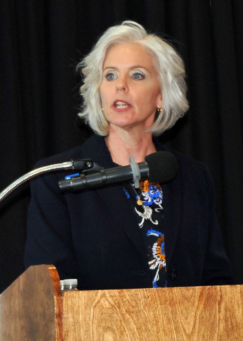 Deanna Nichols-Stika, Wayne County Children Services board executive director, speaks during the 30th annual Child Abuse Prevention Month community event. Stika, who has resigned effective May 24, has hosted the yearly gathering for the past 10 years. She leaves the agency "bright with promise" in its mission to protect, preserve, and empower local families.