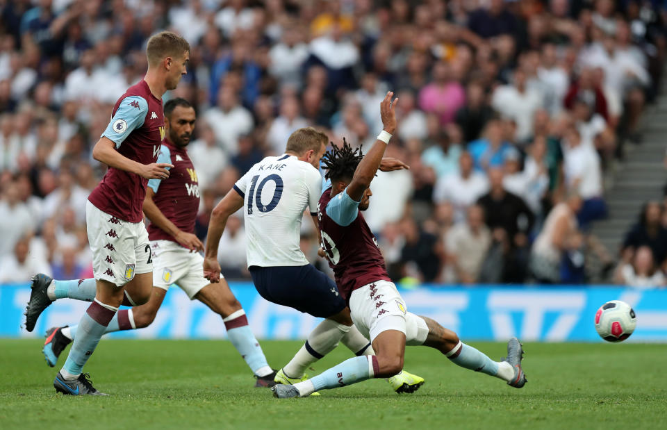 LONDON, ENGLAND - AUGUST 10: Harry Kane of Tottenham Hotspur scores his team's second goal during the Premier League match between Tottenham Hotspur and Aston Villa at Tottenham Hotspur Stadium on August 10, 2019 in London, United Kingdom. (Photo by Tottenham Hotspur FC/Tottenham Hotspur FC via Getty Images)