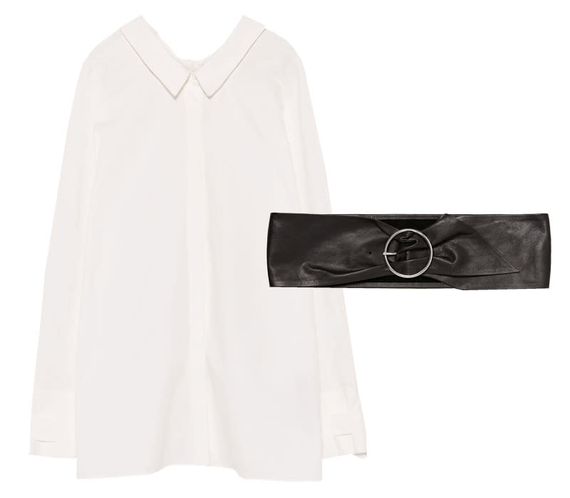 Stay modern and sleek with a classic white shirt and black belt. 