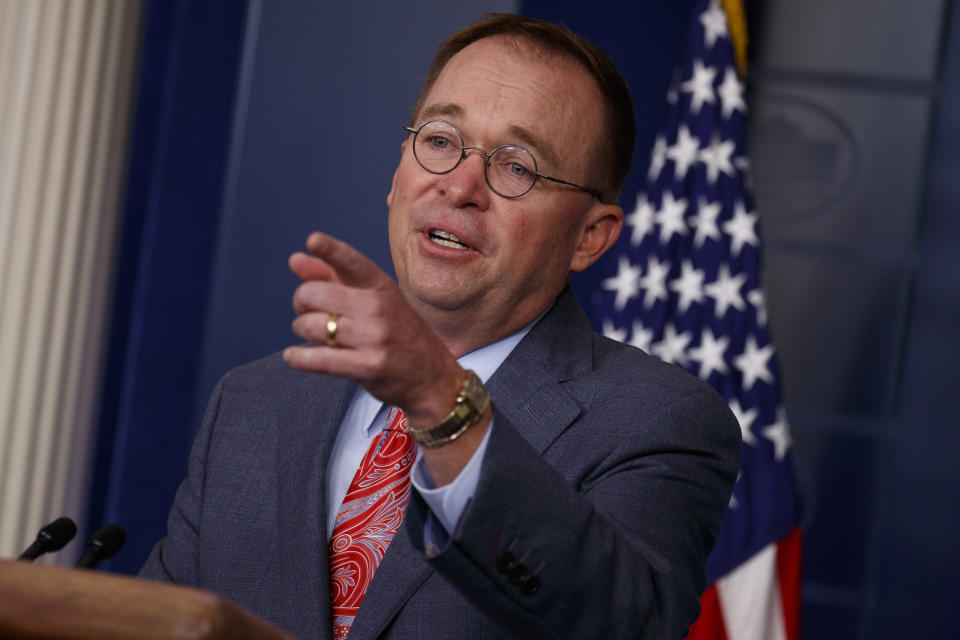 White House chief of staff Mick Mulvaney announces that the G7 will be held at Trump National Doral, Thursday, Oct. 17, 2019, in Washington. (AP Photo/Evan Vucci)