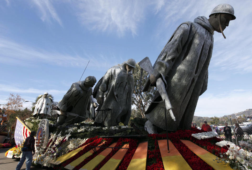 The Rose Parade float Freedom Is Not Free by the Korean War Commemoration Committee is seen in Pasadena during the final judging of floats on Monday, Dec 31, 2012 prior to the kick off of the 124th Rose Parade on New Year's Day. The Defense Department for the first time will put a float in Pasadena's Tournament of Roses, one of the most watched parades, to commemorate the veterans from a conflict that still casts a shadow over the world. (AP Photo/Nick Ut)