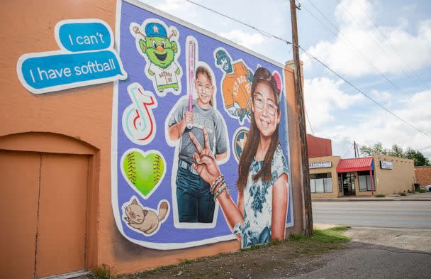 PHOTO: A mural in honor of Tess Marie Mata fills part of the wall of a building in downtown Uvalde, Texas, Aug. 21, 2022. (Kat Caulderwood/ABC News)