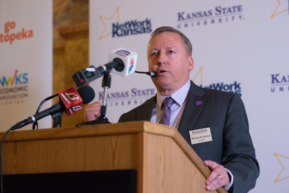 Kansas State University president Richard Linton speaks on the prosperity of the state possible through the K-State 105 initiative between the university and Network Kansas.