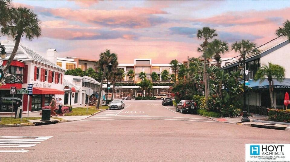 A rendering by Hoyt Architects of a proposed condominium on St. Armands Circle by Jebco Ventures Inc. and Property Markets Group.