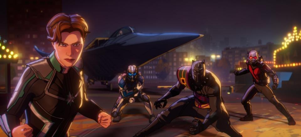 (L-R): Dr. Wendy Lawson/Mar-vell, Bill Foster/Goliath, Black Panther/King T’Chaka, and Hank Pym/Ant-Man in Marvel Studios’ WHAT IF…?, Season 2 exclusively on Disney+. © 2023 MARVEL.