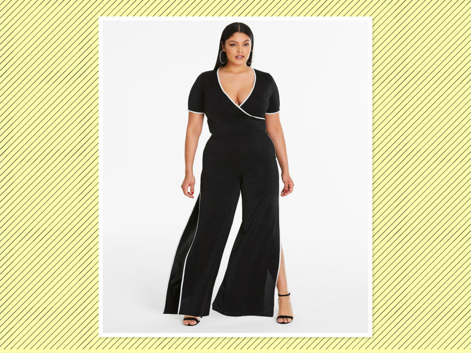 <p><a rel="nofollow noopener" href="https://www.simplybe.com/en-us/products/sports-rib-wrap-over-crop-top/p/WZ611#v=color%3AWZ611_BLACK%7C" target="_blank" data-ylk="slk:Sports Rib Wrap Over Crop Top;elm:context_link;itc:0;sec:content-canvas" class="link ">Sports Rib Wrap Over Crop Top</a>, $33, and <a rel="nofollow noopener" href="https://www.simplybe.com/en-us/products/sports-rib-wrap-over-crop-top/p/WZ611#v=color%3AWZ611_BLACK%7C" target="_blank" data-ylk="slk:Split Side Trouser;elm:context_link;itc:0;sec:content-canvas" class="link ">Split Side Trouser</a>, $46, Simply Be (Photo: Simply Be) </p>