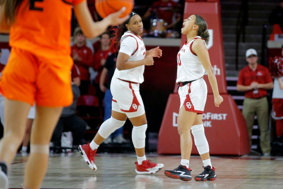 Oklahoma's Kelbie Washington (10) and Liz Scott (34) celebrate during a women's Bedlam basketball game between the University of Oklahoma Sooners (OU) and the Oklahoma State University Cowgirls (OSU) at Lloyd Noble Center in Norman, Okla., Wednesday, Jan. 26, 2022. Oklahoma won 84-58.