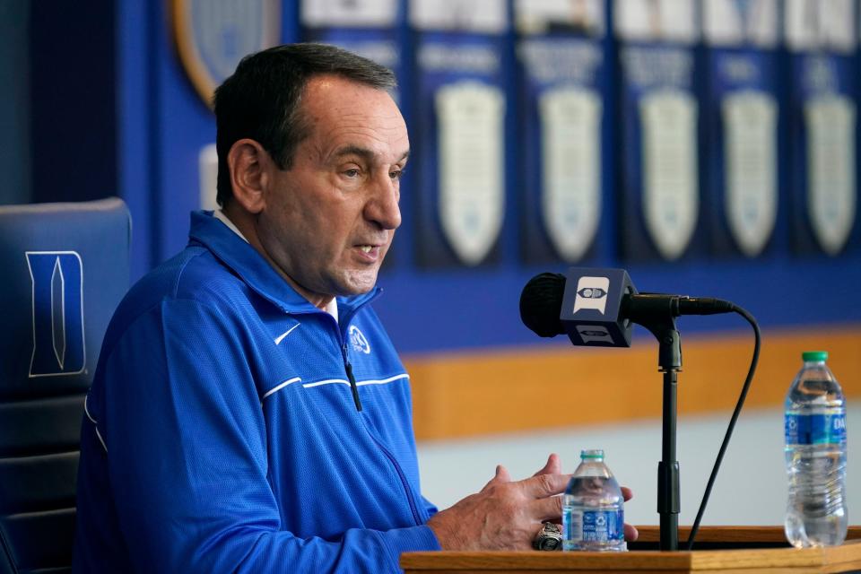 Duke coach Mike Krzyzewski responds to questions during the team's NCAA college basketball media day in Durham, N.C., Tuesday, Sept. 28, 2021. (AP Photo/Gerry Broome)