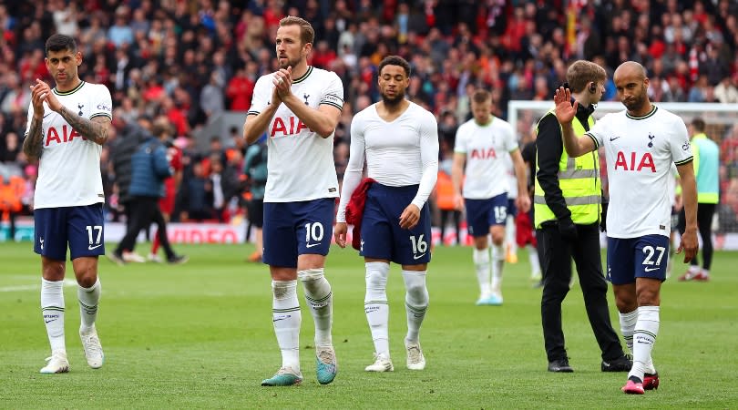   Tottenham players applaud their fans after the 4-3 loss to Liverpool as Lucas Moura apologizes for his late error at Anfield in April 2023. 