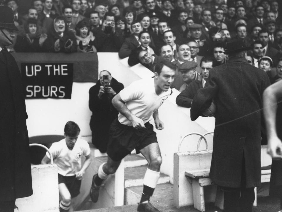 Jimmy Greaves leads out Tottenham's great 1960/61 Double winning side, at White Hart Lane: Getty