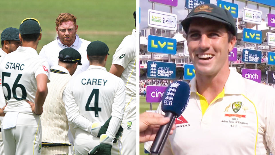 Jonny Bairstow argues with the Australian players and Pat Cummins smiles during an interview.
