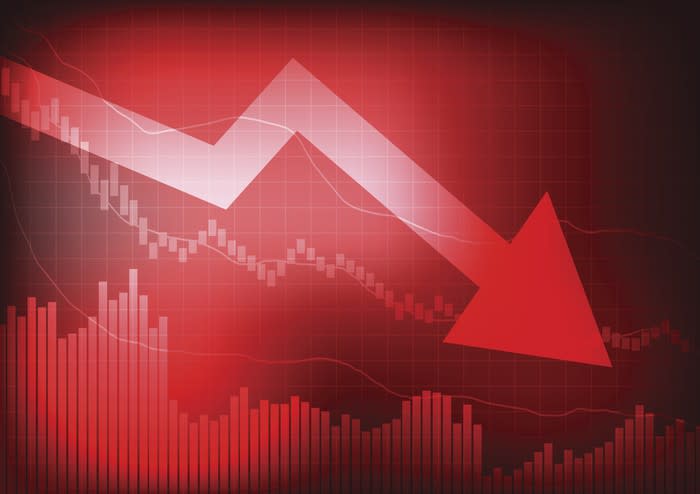 Red down arrow and downward graphs.