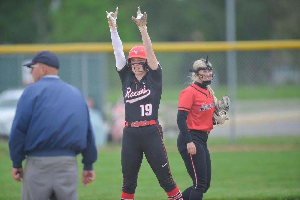 ROCORI's Madison Terres celebrates her double with the ROCORI dugout as the No. 1 seed Spartans hosts No. 3 seed Alexandria in the Section 8-3A semifinals on Tuesday, May 31, 2022, at ROCORI High School.  