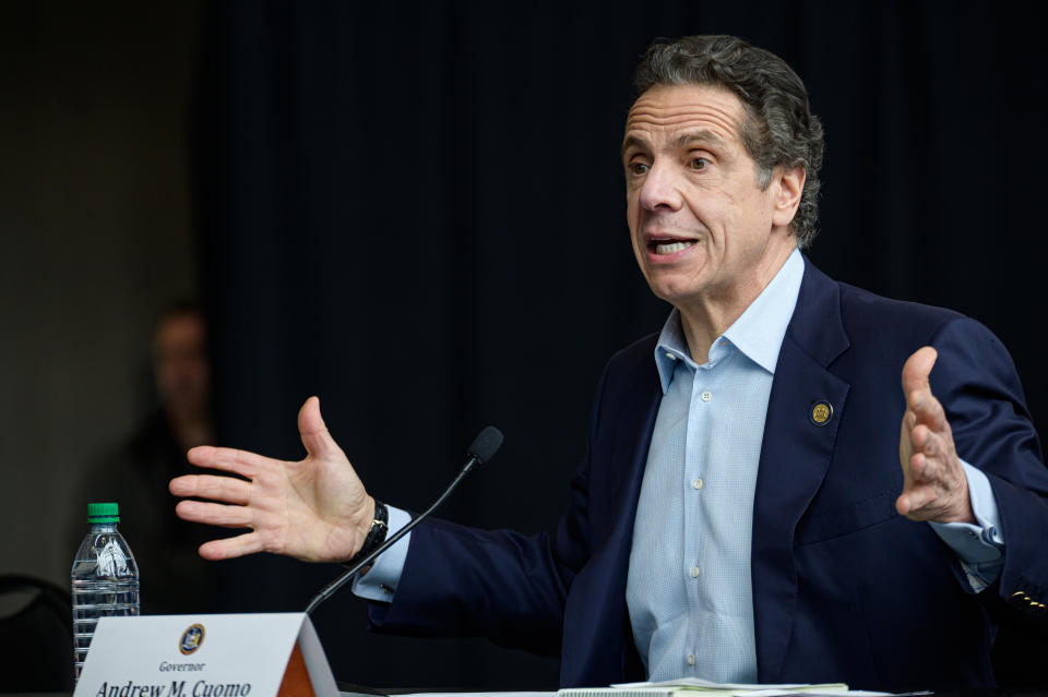 NEW YORK, NY, UNITED STATES - 2020/03/30: Following the arrival in New York City of the U.S. Naval hospital ship Comfort, NY State Governor Andrew Cuomo is seen during a press conference at the field hospital site at the Javits Center. (Photo by Albin Lohr-Jones/Pacific Press/LightRocket via Getty Images)