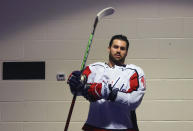 Washington Capitals' Tom Wilson prepares for warmups for the team's NHL hockey game against the New York Rangers on Wednesday, May 5, 2021, in New York. (Bruce Bennett/Pool Photo via AP)