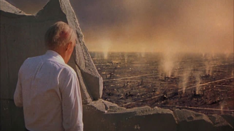 Dr. Russell Oakes (Jason Robards) surveils the destruction of Lawrence, Kansas, toward the end of "The Day After." - From ABC Circle Films