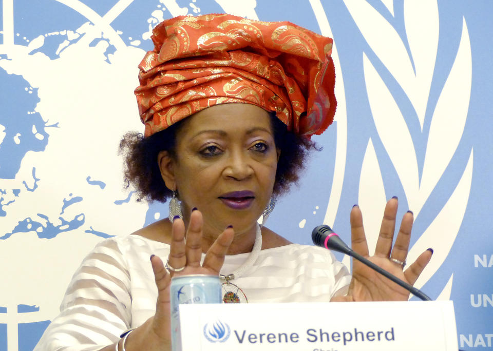 Jamaican academic Verene Shepherd speaks during a news conference in Geneva on Tuesday, August 30, 2022, about reports on seven countries including the United States by the U.N.-backed Committee on the Elimination of Racial Discrimination. The independent experts expressed concerns about the adverse impact on the rights of racial and ethnic minorities from the Supreme Court decision in June that stripped away constitutional protections for abortion in the U.S. (AP Photo/Jamey Keaten)
