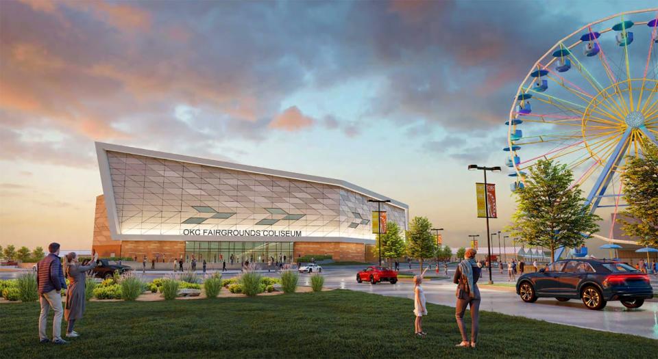 This architectural rendering, by the architect Populous, shows the new OKC Fairgrounds coliseum. Construction on the coliseum began with a groundbreaking ceremony Wednesday.