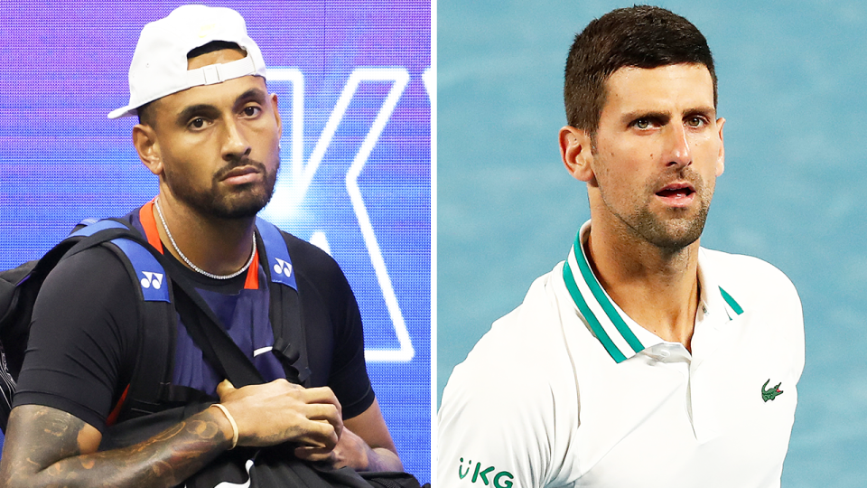 Nick Kyrgios (pictured left) walks onto court at the US Open and (pictured right) Novak Djokovic reacts during a match.