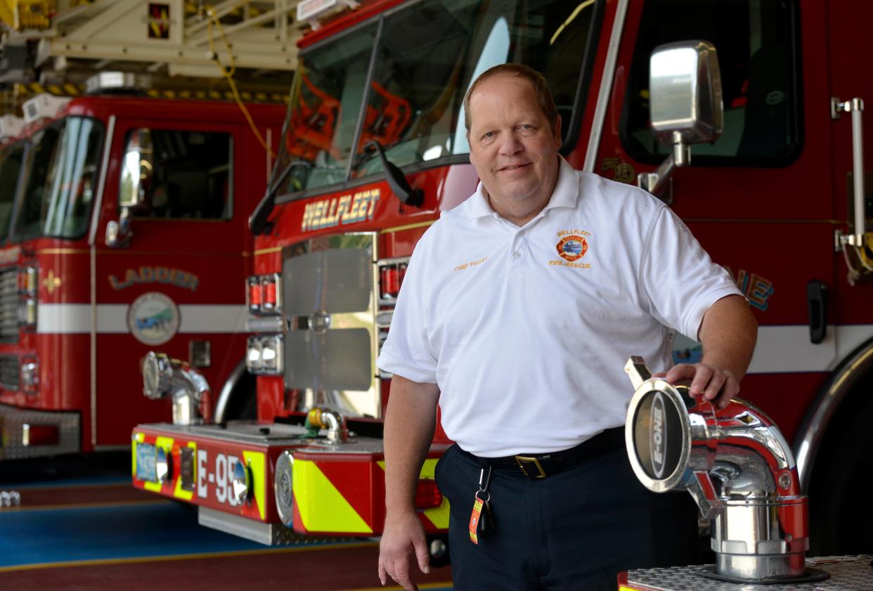 Wellfleet Fire Chief Richard Pauley Jr. stands Thursday inside the fire station at 10 Lawrence Road in Wellfleet. Wellfleet Deputy Fire Chief Joespeh Capello will take over Sept. 1.