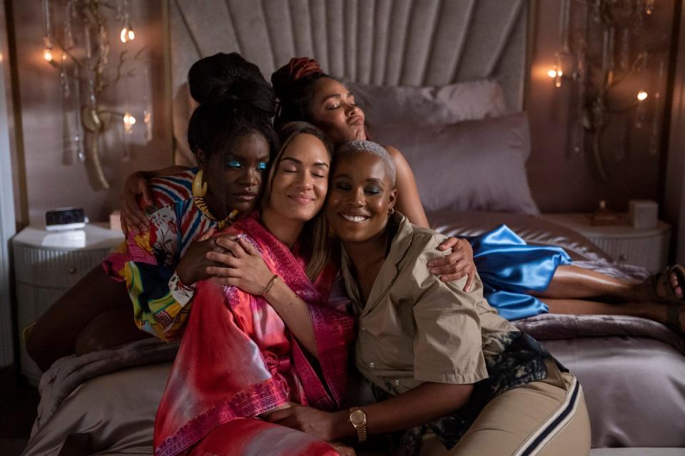 Camille (Meagan Good), Angie (Shoniqua Shandai), Tye (Jerrie Johnson) and Quinn (Grace Byers) deal with challenges in romance in "Harlem" Season 2.