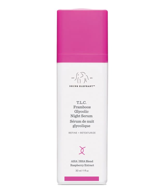 Drunk Elephant T.L.C. Framboos Glycolic Resurfacing Night Serum, $90, <a href="https://shop-links.co/1686277061615437824" rel="nofollow noopener" target="_blank" data-ylk="slk:available here;elm:context_link;itc:0;sec:content-canvas" class="link ">available here</a>.