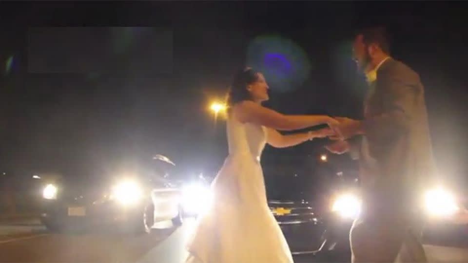 The couple had their first dance on the motorway. Source: YouTube/LeviCurbyMedia