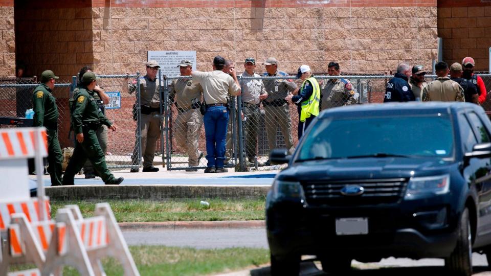 PHOTO: In this May 24, 2022, file photo, law enforcement, and other first responders, gather outside Robb Elementary School following a shooting in Uvalde, Texas. (Dario Lopez-Mills/AP, FILE)