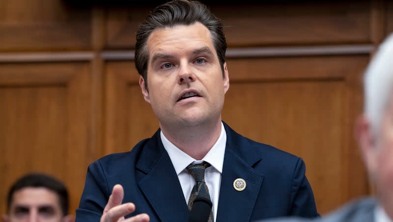 Rep. Matt Gaetz, R-Fla., questions Attorney General Merrick Garland during a House Judiciary Committee hearing on the Department of Justice, June 4, 2024, on Capitol Hill in Washington. The House Ethics Committee in an unusual public statement Tuesday confirmed it is reviewing several allegations against the congressman. The committee said it is investigating whether Gaetz engaged in sexual misconduct and illicit drug use, whether he accepted improper gifts and whether he sought to obstruct government investigations of his conduct. Four other allegations are no longer being investigated.