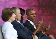 <p>President Barack Obama, right, with, from left, former first lady Laura Bush, former President George W. Bush and first lady Michelle Obama applaud during the opening ceremony of the Smithsonian National Museum of African American History and Culture on the National Mall in Washington, Saturday, Sept. 24, 2016. (AP Photo/Manuel Balce Ceneta)</p>