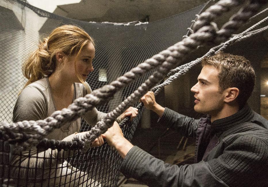This image released by Summit Entertainment shows Shailene Woodley, left, and Theo James in a scene from "Divergent." The movie releases on Friday, March 21, 2014. (AP Photo/Summit Entertainment, Jaap Buitendijk, file)