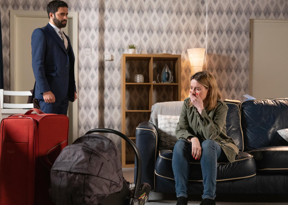 FROM ITV

STRICT EMBARGO - No Use Before Tuesday 25th May 2022

Coronation Street - Ep 10653

Tuesday 31st May 2022

Abi Webster [SALLY CARMAN] realises the game is up with Imran Habeeb [CHARLIE ME MELO]

Picture contact - David.crook@itv.com

Photographer - Danielle Baguley

This photograph is (C) ITV Plc and can only be reproduced for editorial purposes directly in connection with the programme or event mentioned above, or ITV plc. Once made available by ITV plc Picture Desk, this photograph can be reproduced once only up until the transmission [TX] date and no reproduction fee will be charged. Any subsequent usage may incur a fee. This photograph must not be manipulated [excluding basic cropping] in a manner which alters the visual appearance of the person photographed deemed detrimental or inappropriate by ITV plc Picture Desk. This photograph must not be syndicated to any other company, publication or website, or permanently archived, without the express written permission of ITV Picture Desk. Full Terms and conditions are available on  www.itv.com/presscentre/itvpictures/terms
