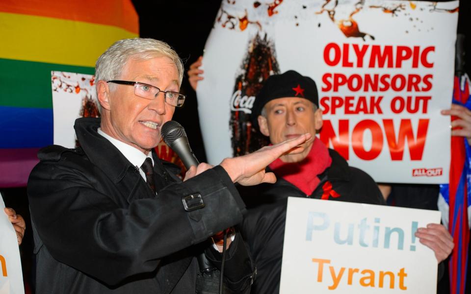 Paul O'Grady campaigning with Peter Tatchell outside Downing Street in 2014 - PA