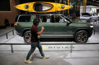 FILE PHOTO: A Rivian R1S All-Electric SUV is displayed at the 2019 New York International Auto Show in New York City, U.S, April 17, 2019. REUTERS/Brendan McDermid/File Photo