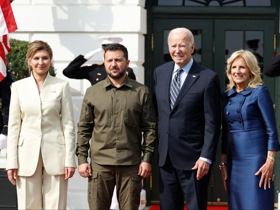 President Joe Biden and first lady Jill Biden welcome President of Ukraine Volodymyr Zelensky and his wife Olena Zelenska at the White House September 21, 2023 in Washington, DC. (Getty Images)