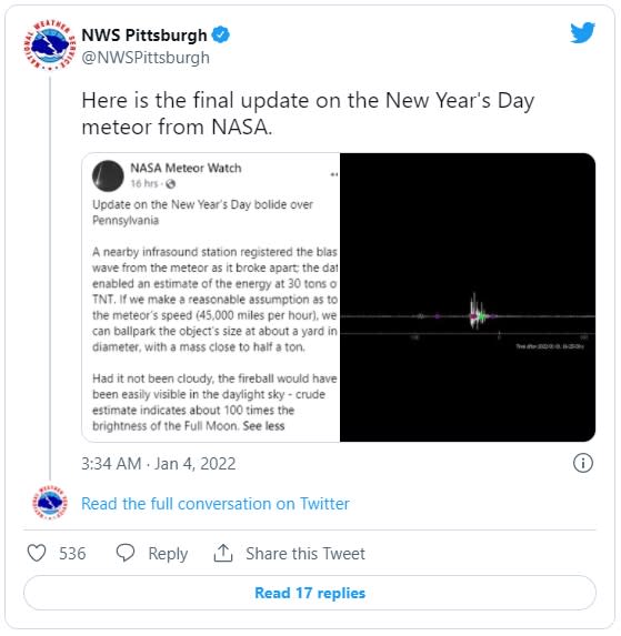 NASA表示如果當天是晴天，就能看見比滿月還要亮100倍的爆炸閃光。（圖／翻攝自@NWSPittsburgh推特）