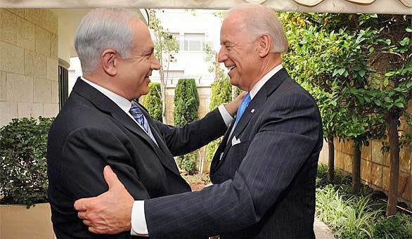 Vice President Biden embraces Israeli Prime Minister Benjamin Netanyahu outside the Israeli leader's Jerusalem residence.