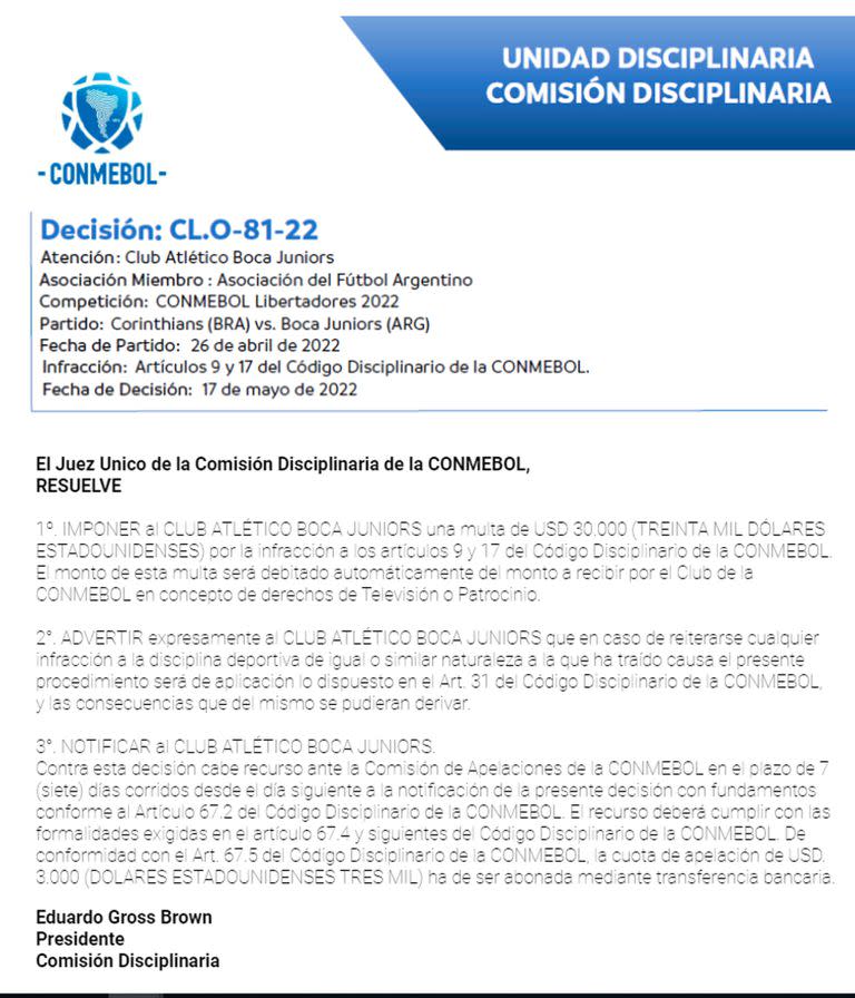 El fallo de la Conmebol que informa la sanción que recibió Boca por los gestos racistas de un hincha