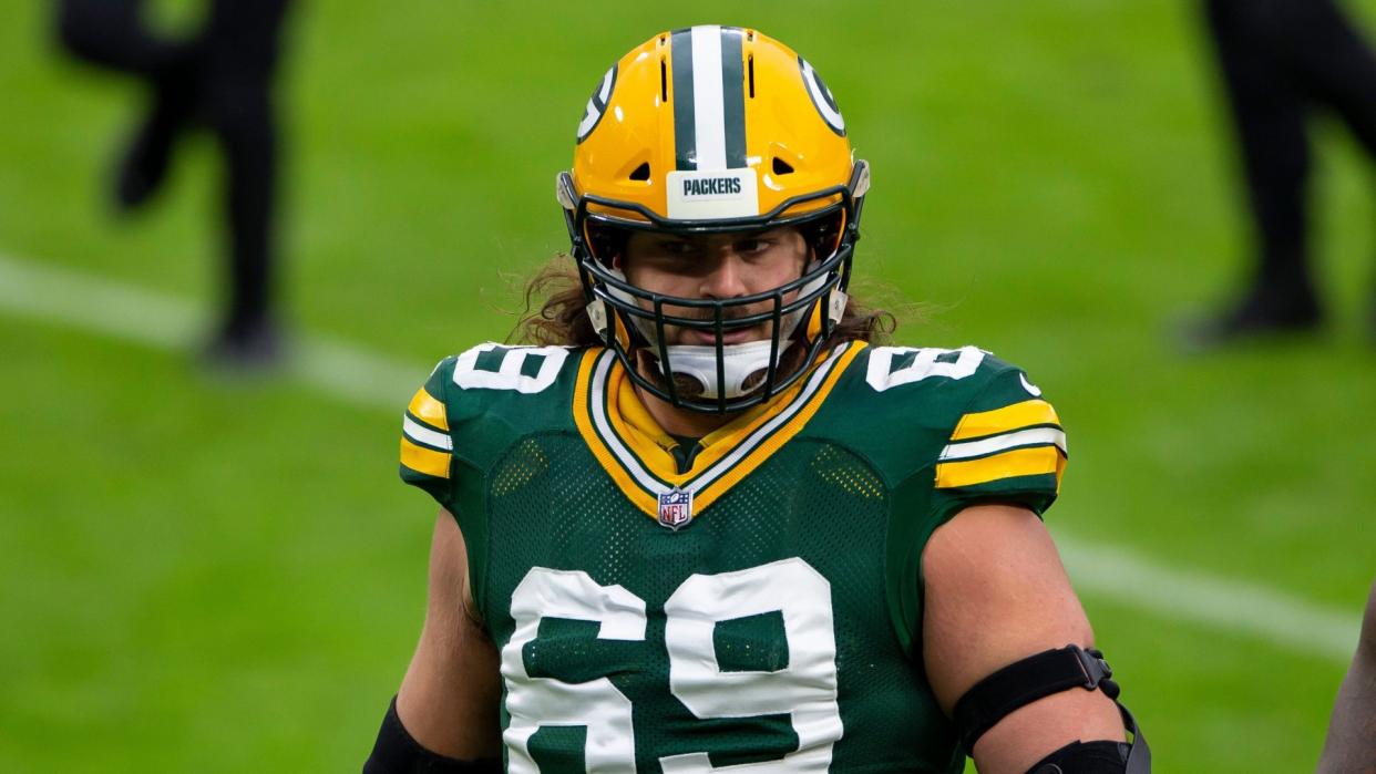 Mandatory Credit: Photo by John Fisher/CSM/Shutterstock (11017378ax)Green Bay Packers offensive tackle David Bakhtiari #69 after the NFL Football game between the Jacksonville Jaguars and the Green Bay Packers at Lambeau Field in Green Bay, WINFL Football Jacksonville vs Green Bay, Green Bay, USA - 15 Nov 2020.